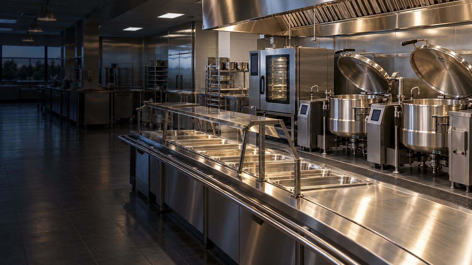 Institutional cafeteria kitchen with tilting kettles, a combi oven and a steam table line