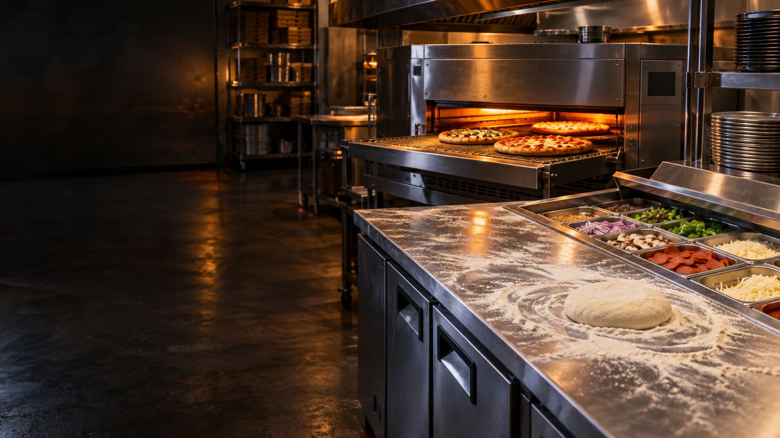 Pizza shop kitchen with a conveyor oven and a refrigerated prep table
