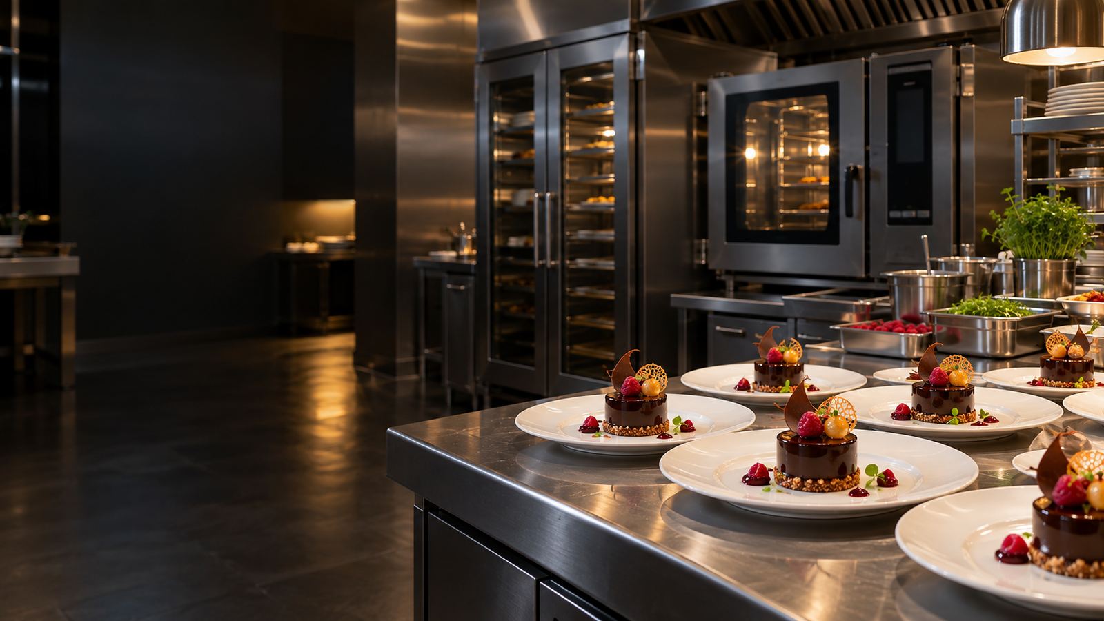 Banquet kitchen with holding cabinets, a combi oven and a plating station