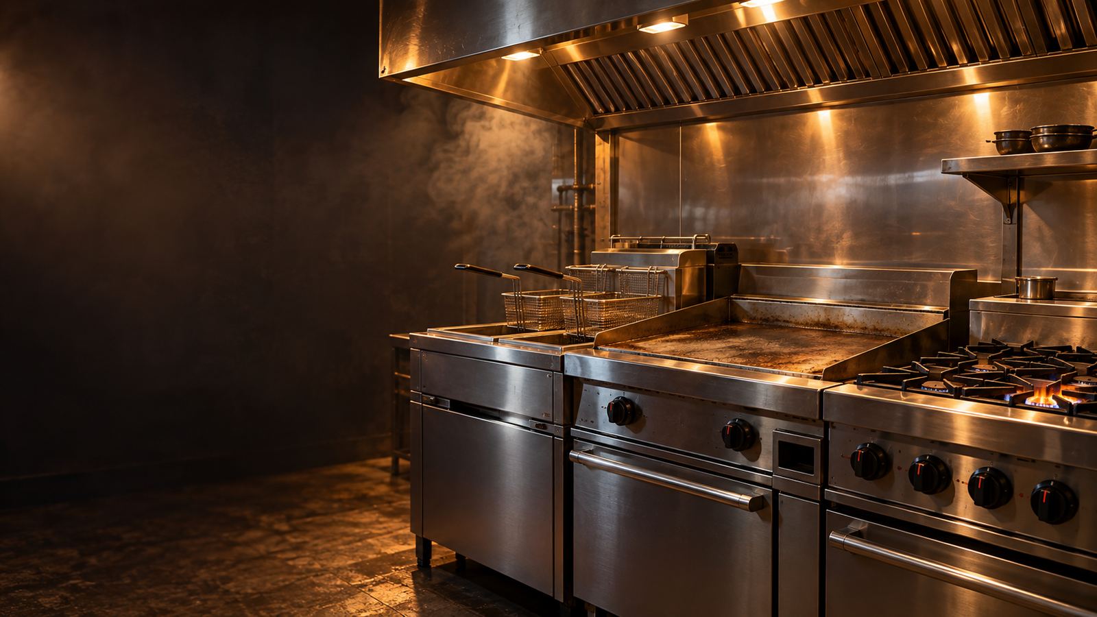 Restaurant hot line with a fryer, flat-top griddle and gas range under a stainless hood