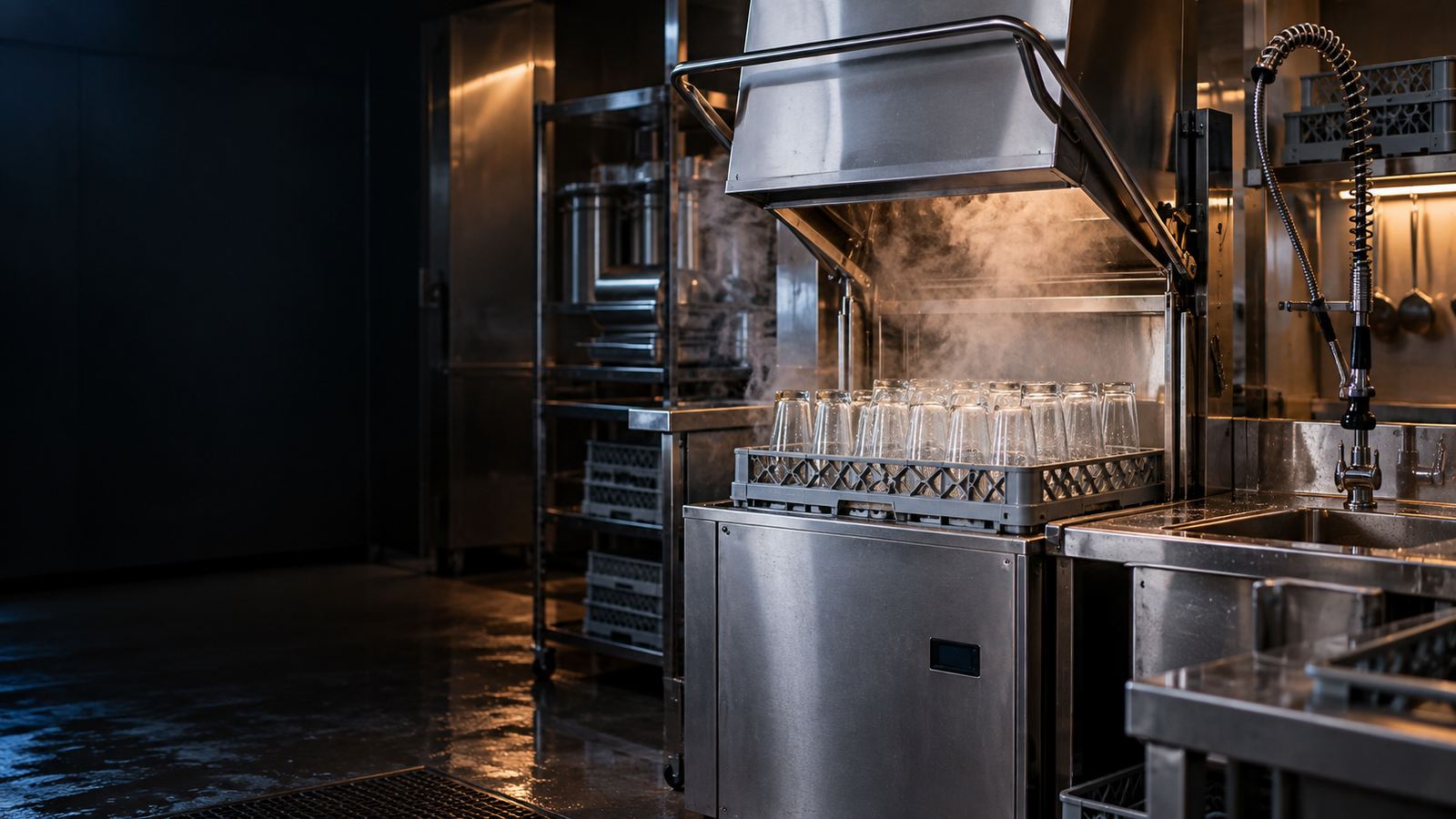 Door-type commercial dish machine with the hood raised and a rack of clean glasses