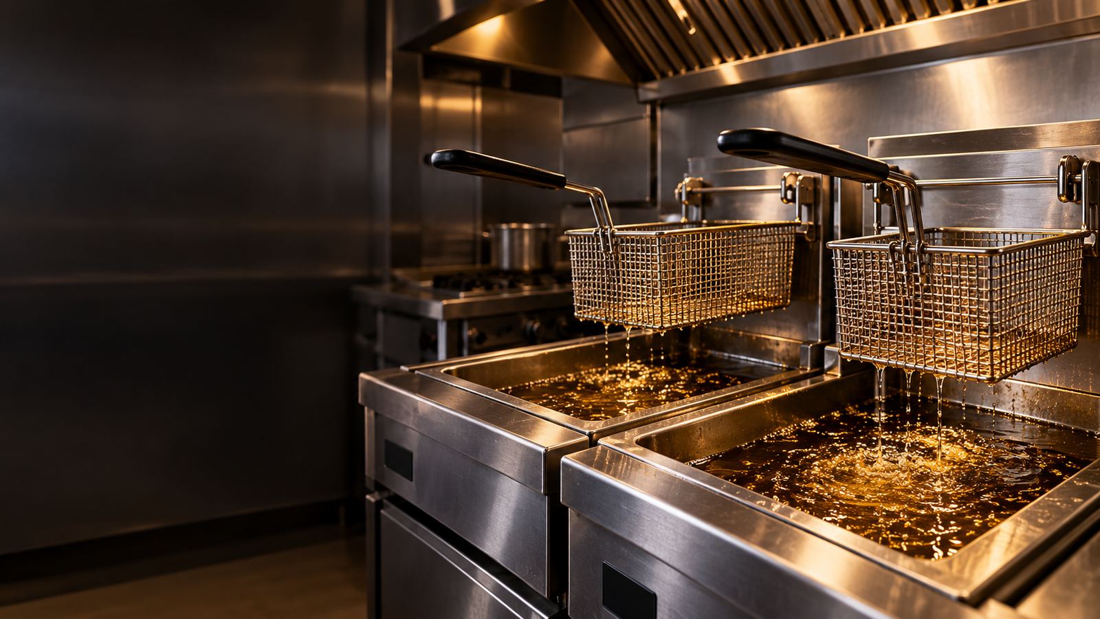 Two commercial gas deep fryers with baskets raised under a stainless hood