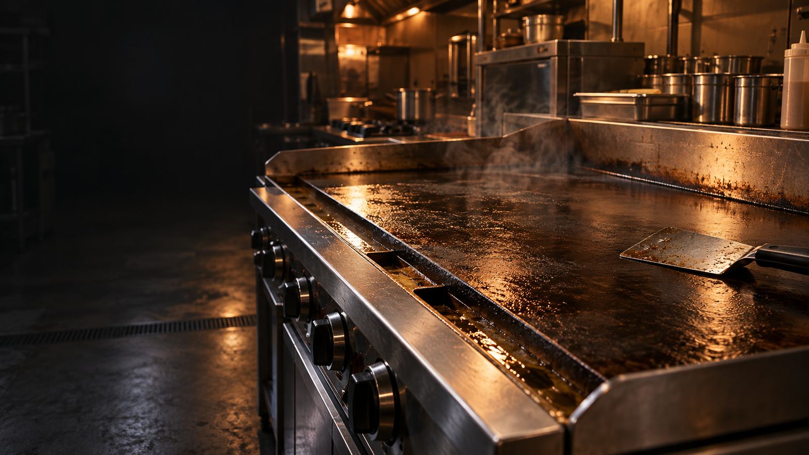 Seasoned commercial flat-top griddle with a steel scraper