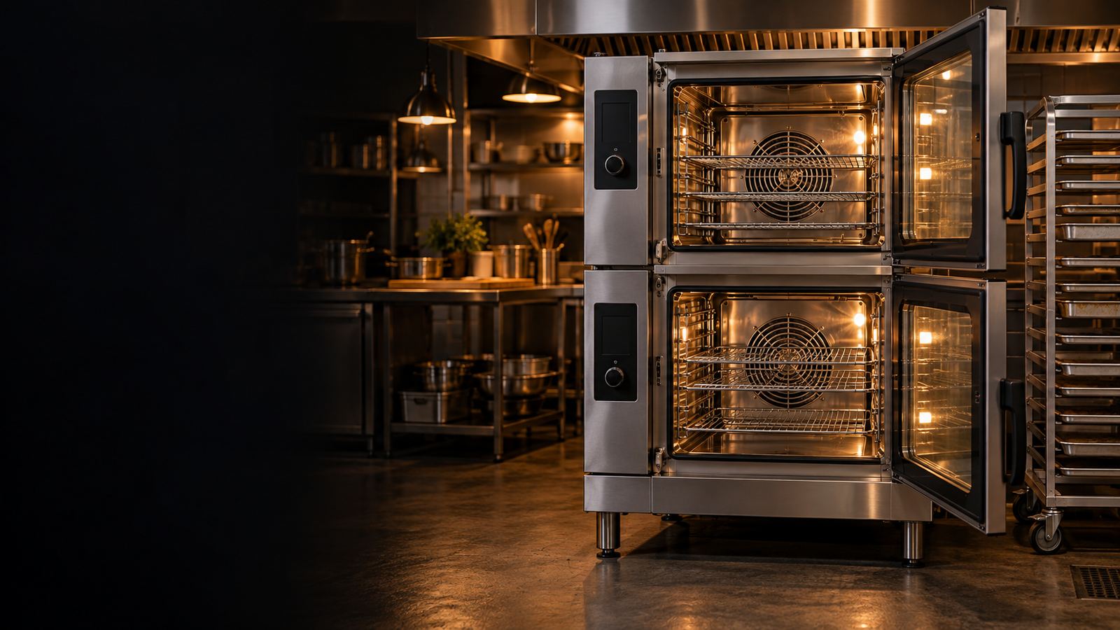 Double-stack commercial convection oven with both doors open in a restaurant kitchen