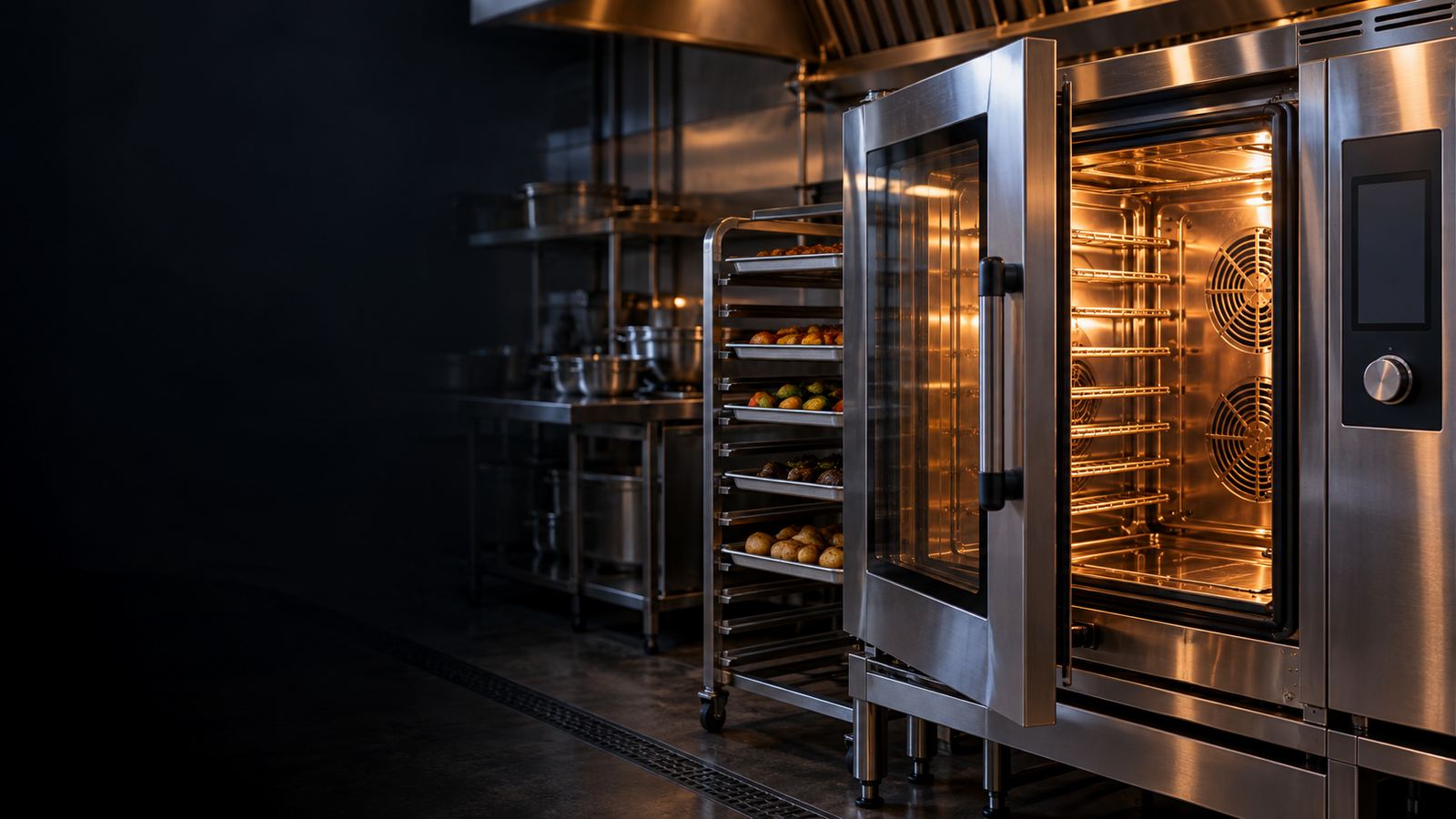 Commercial convection oven with the door open in a restaurant kitchen