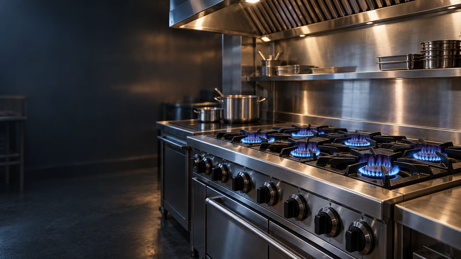 Commercial six-burner gas range with lit burners on a restaurant line