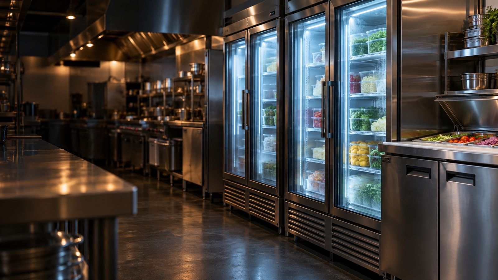 Commercial kitchen with glass-door reach-in refrigerators and a refrigerated prep table