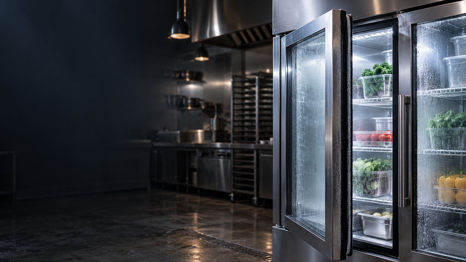Glass-door reach-in refrigerator with a door ajar and frost on the glass