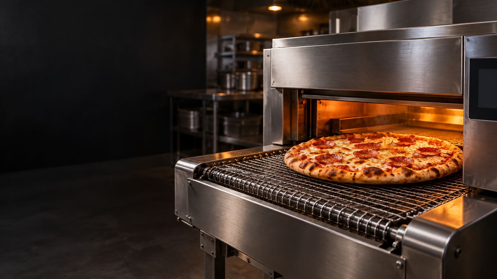 Conveyor pizza oven with a baked pizza coming out on the wire belt