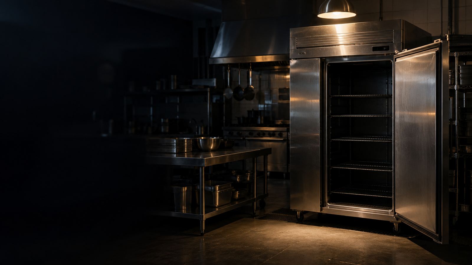 Dark restaurant kitchen at night with one work light over an open reach-in refrigerator