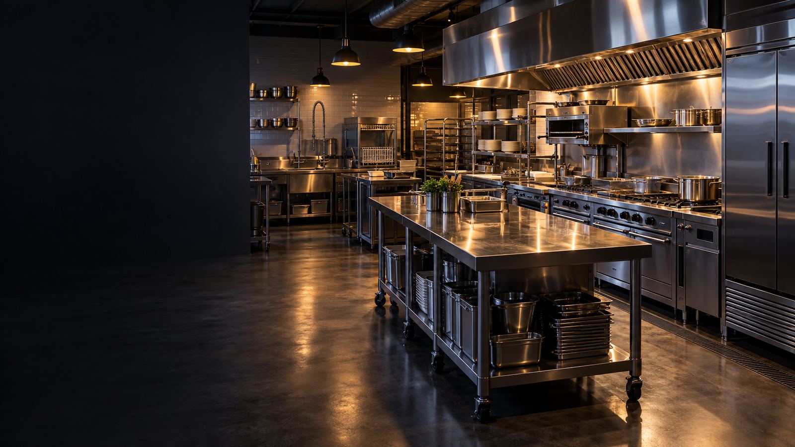 Wide view of a full commercial kitchen with cooking line, refrigeration and dish area
