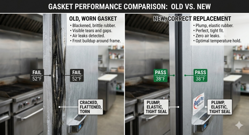 Before and after commercial cooler gasket replacement — worn cracked gasket versus new elastic tight seal in Memphis restaurant kitchen