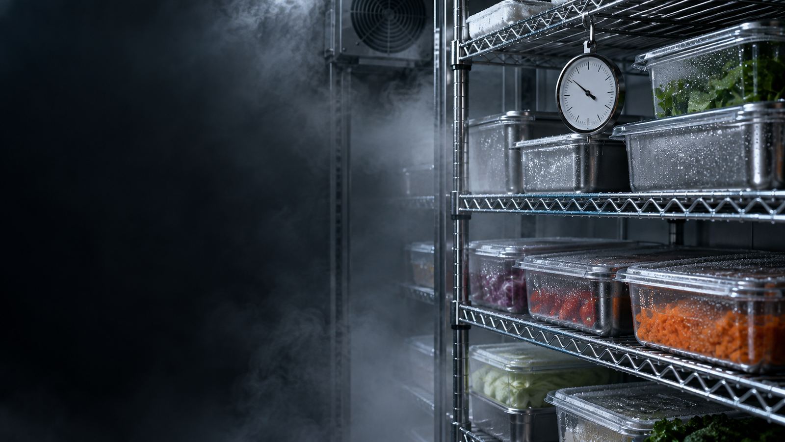 Walk-in cooler shelving with covered food pans and a hanging thermometer