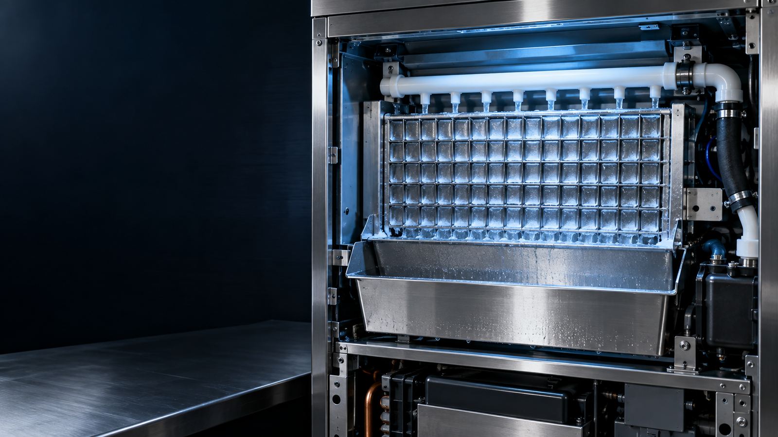 Open commercial ice machine head showing the evaporator plate and water trough
