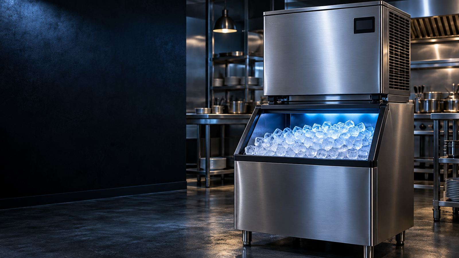 Commercial cube ice machine on an ice bin full of ice