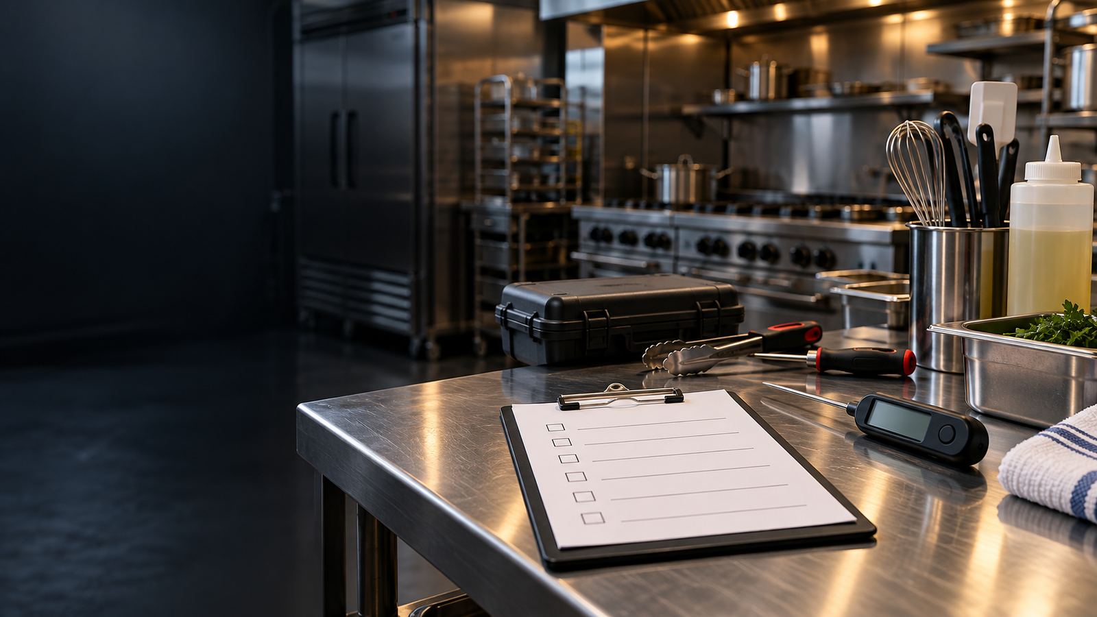 Blank maintenance checklist, probe thermometer and tools on a stainless prep table