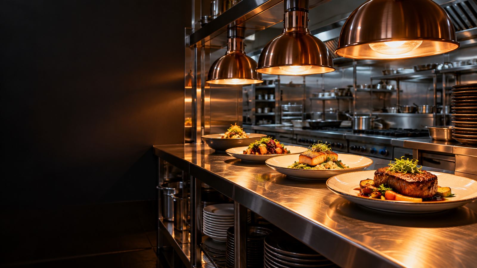 Plated dishes under heat lamps at a restaurant kitchen pass