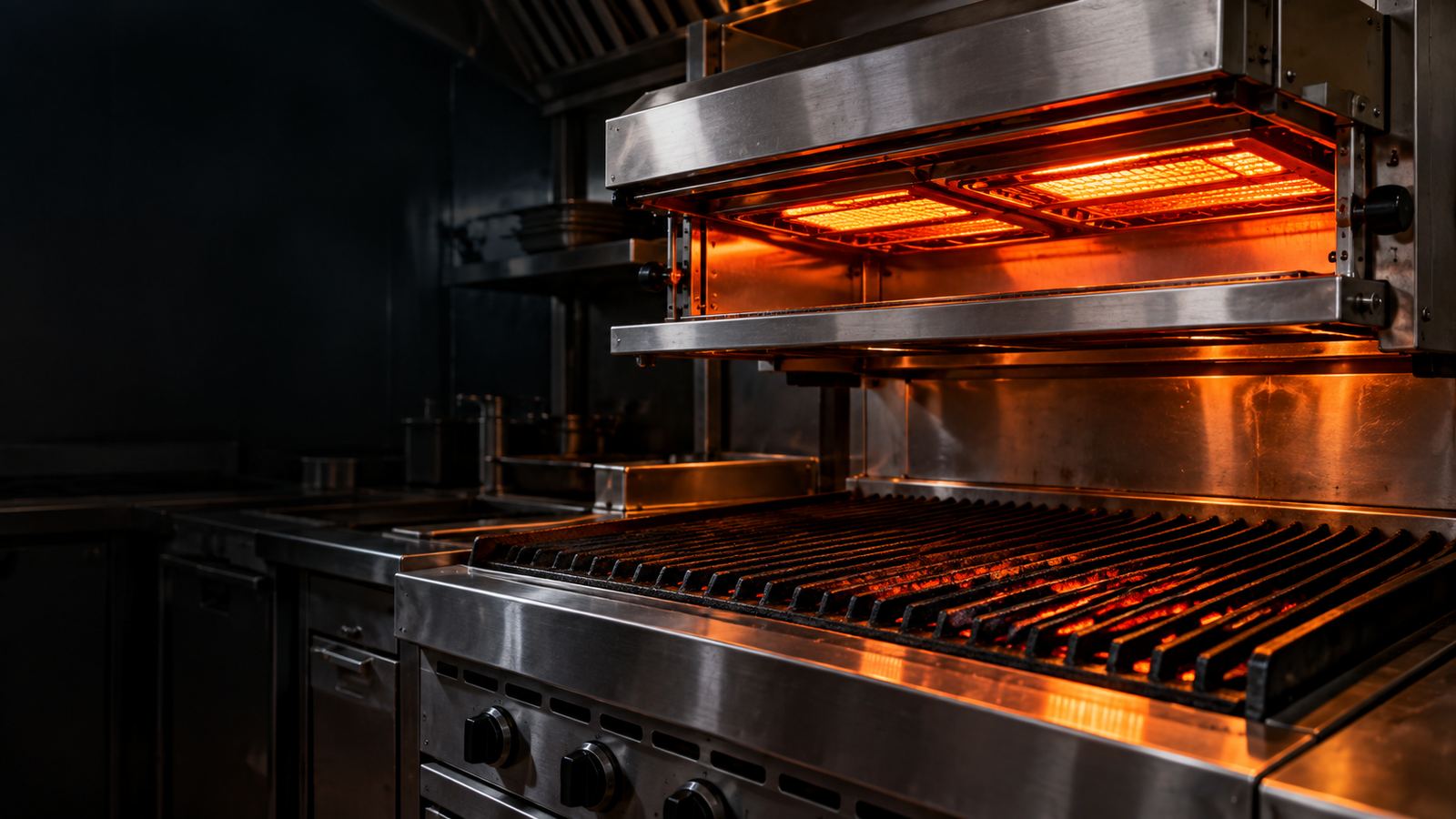 Salamander broiler with glowing elements above a charbroiler