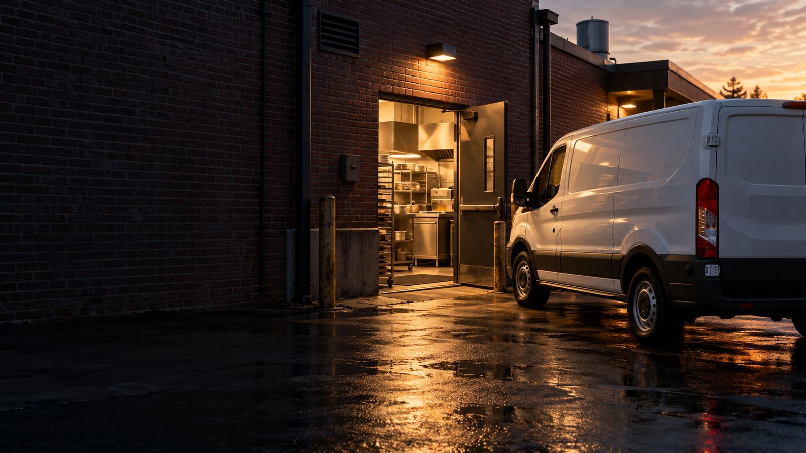 Unmarked white service van at a restaurant back entrance at dawn
