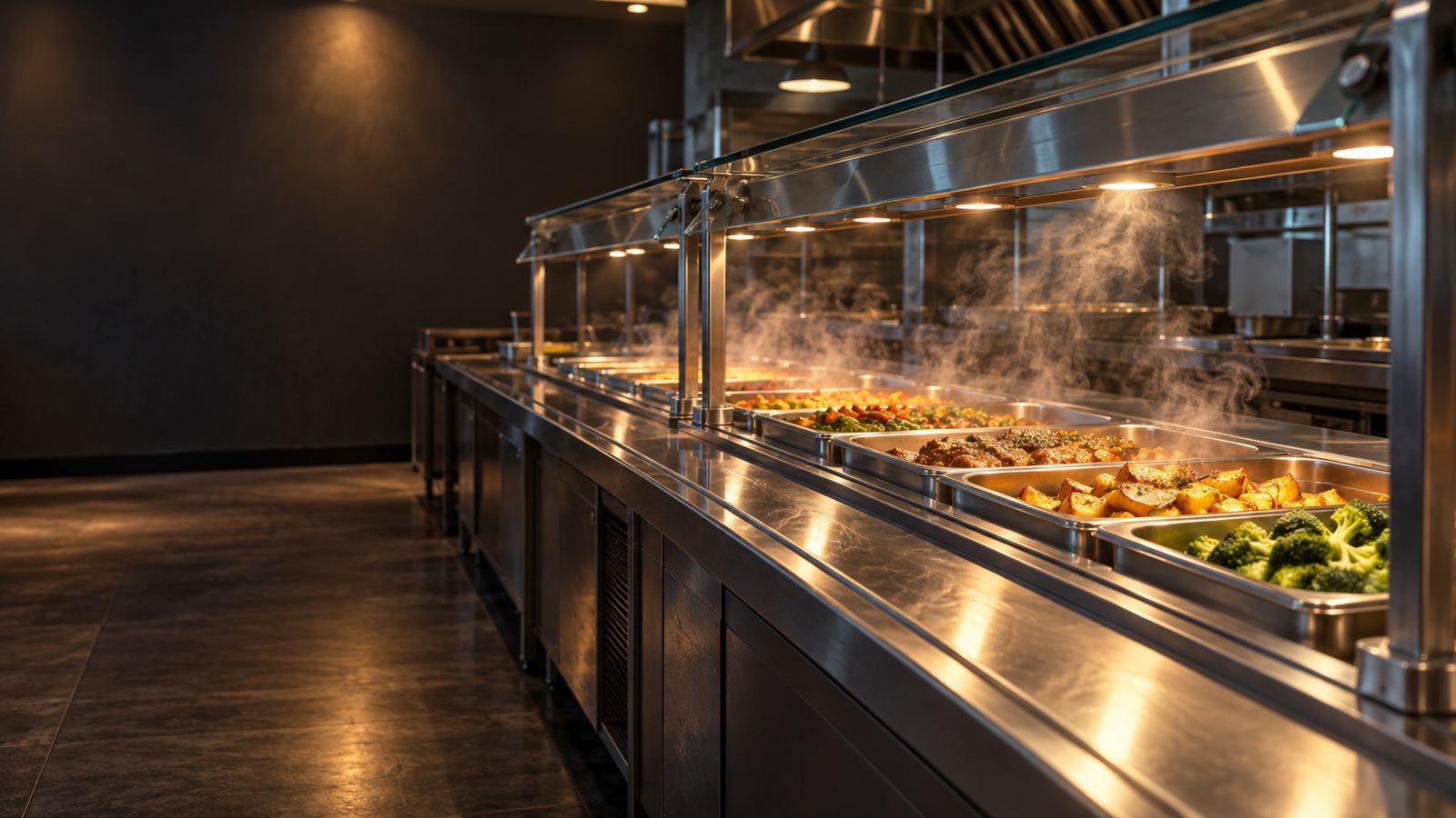 Stainless steam table serving line with hotel pans in steaming wells
