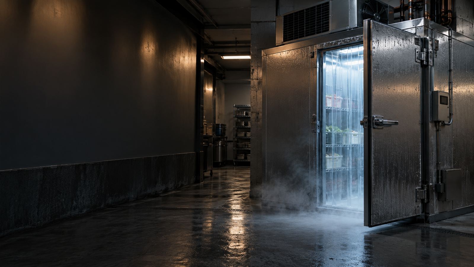 Walk-in cooler door open a few inches with a strip curtain
