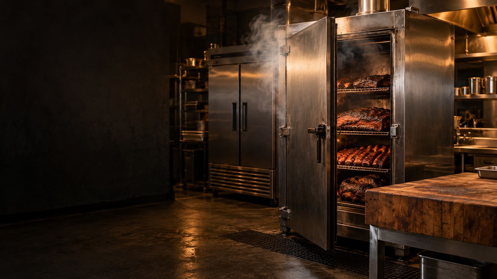 Barbecue restaurant kitchen with a stainless smoker cabinet and cutting block