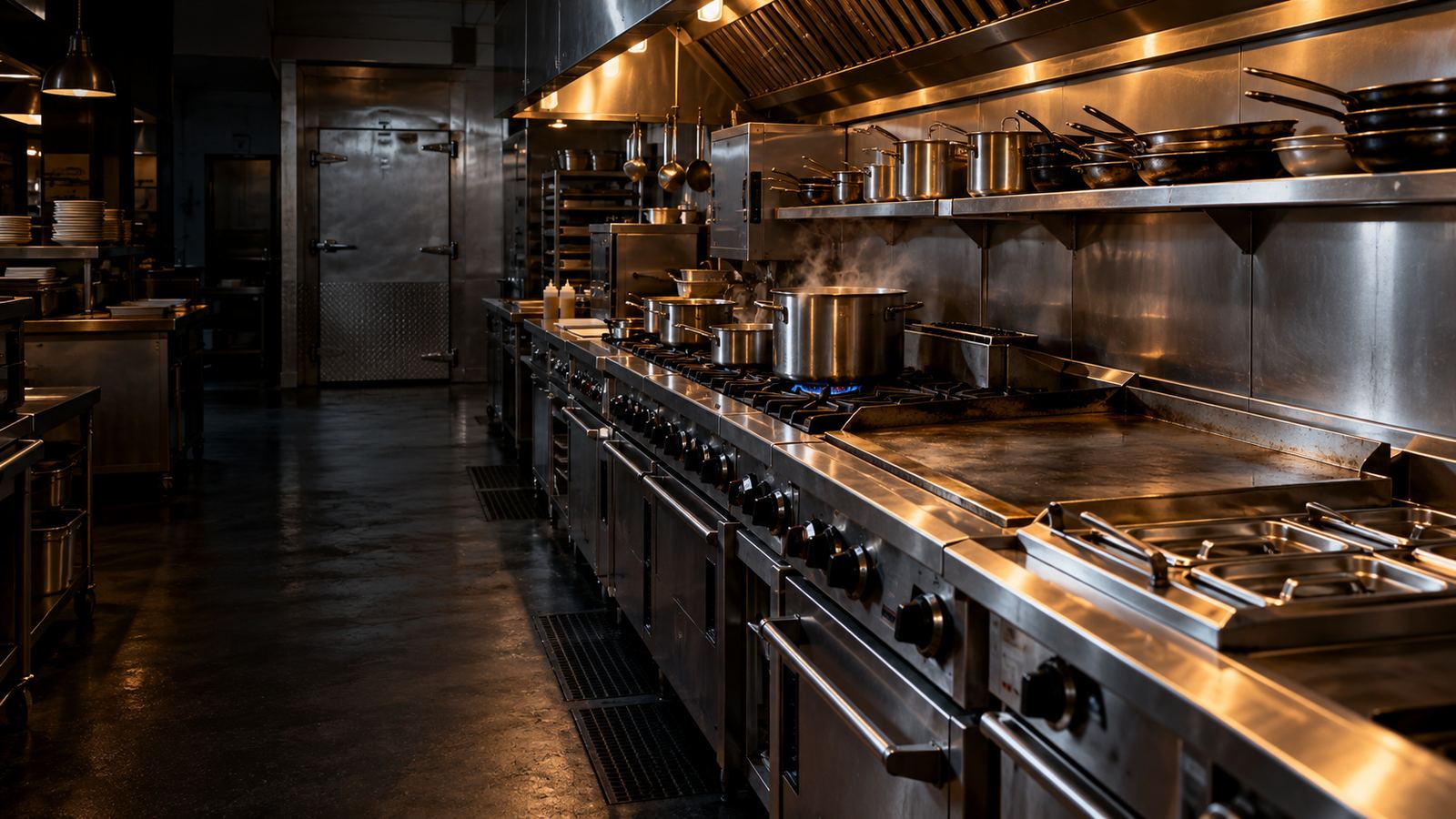Family restaurant kitchen with a long range, steam table and walk-in cooler door