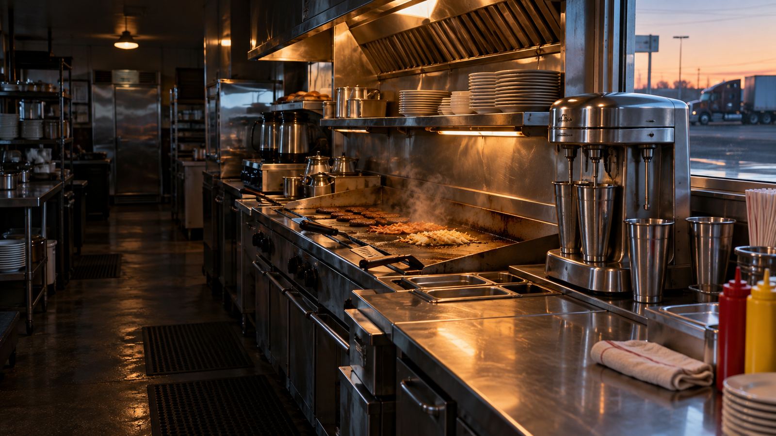 Diner kitchen with a long flat-top griddle and stainless shelving in morning light